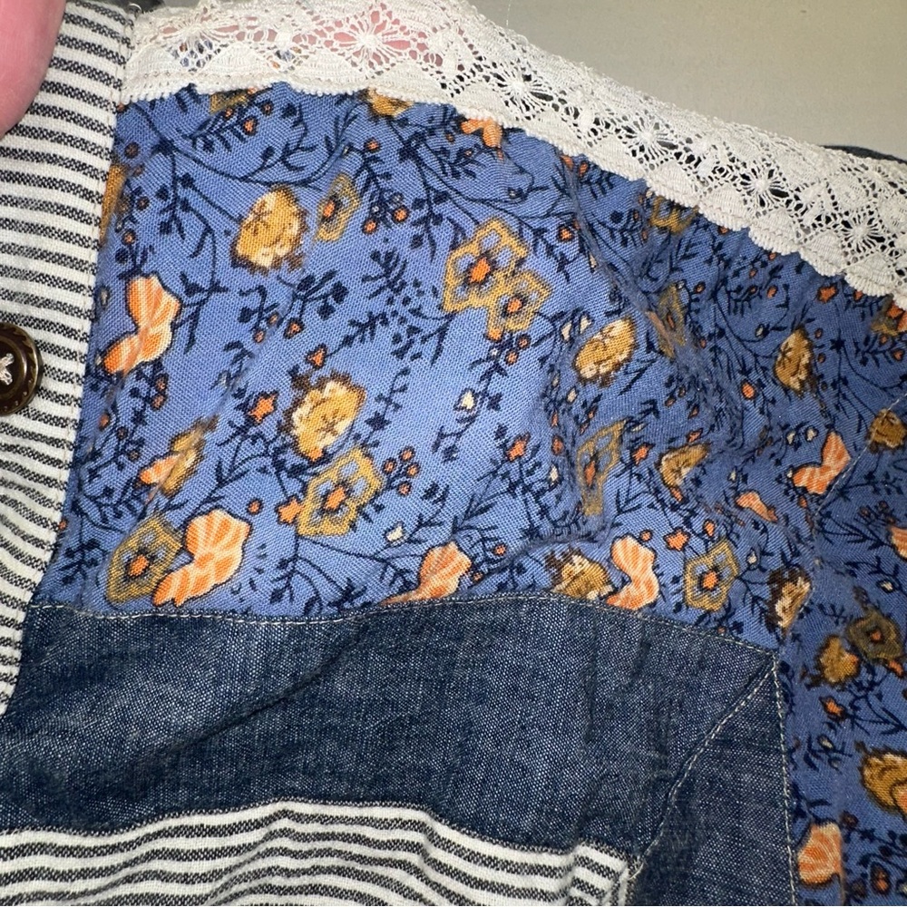 Free People New Romantics Mixed Media Boho Tunic Dress Blue Floral Lace Size Lg - Picture 3 of 12
